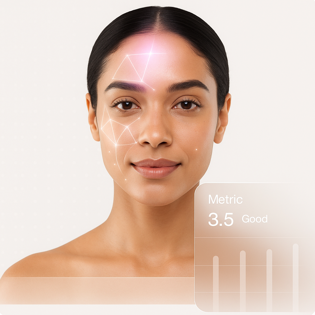 Woman using ProSkinScan AI technology showing facial analysis and skin metrics