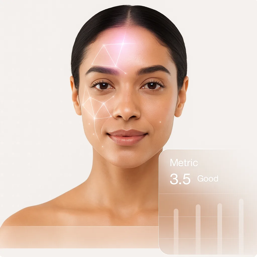 AI skin analysis scan showing facial metrics and skin condition analysis for skincare brands and aesthetic clinics