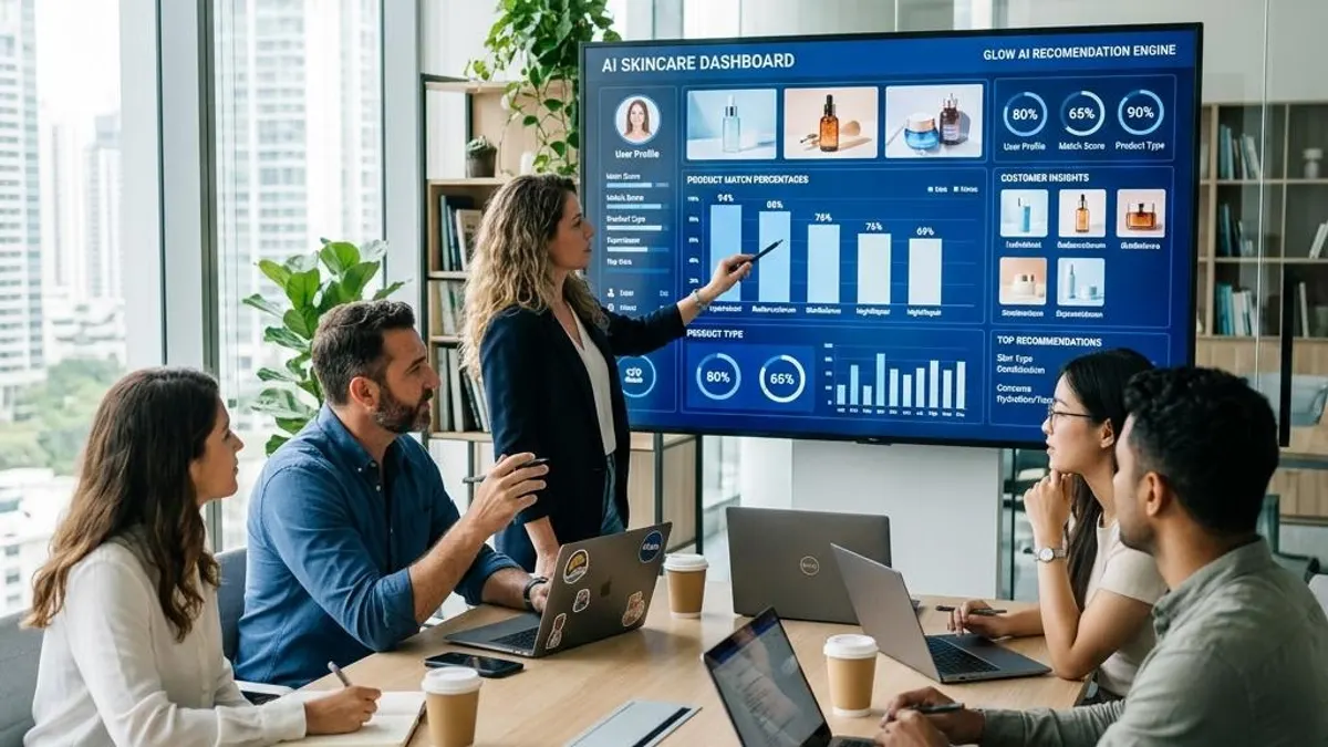 Brand marketing team reviewing AI skin analysis product recommendation dashboard