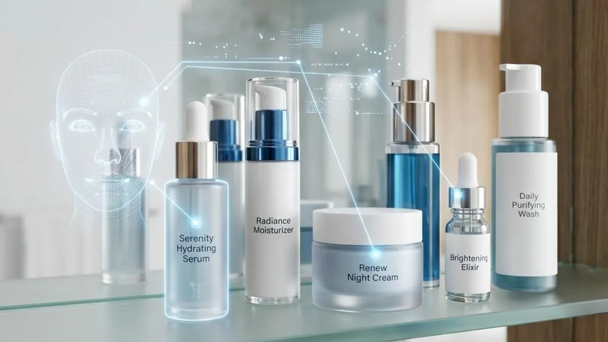 Skincare product shelf with AI facial scan product-match overlay