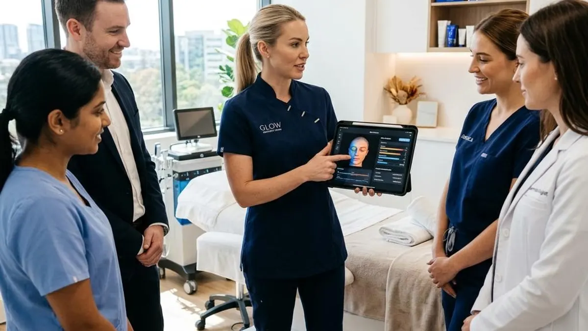 Aesthetic clinic staff reviewing AI skin analysis software during training