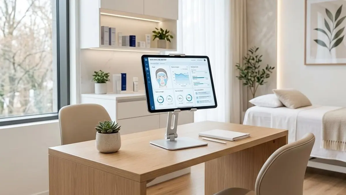 Digital tablet displaying an AI skin analysis report in a clinic consultation room