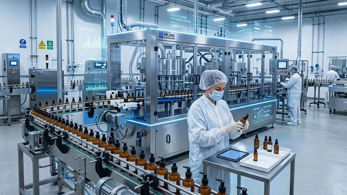 Private label skincare manufacturing line with digital quality data overlay