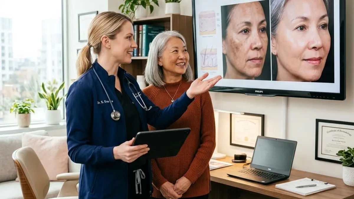 Clinician and patient reviewing a before and after treatment visualization on a monitor