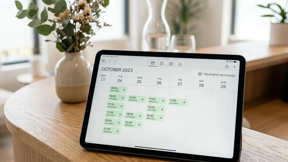 Tablet showing a treatment booking calendar interface at a medspa reception desk