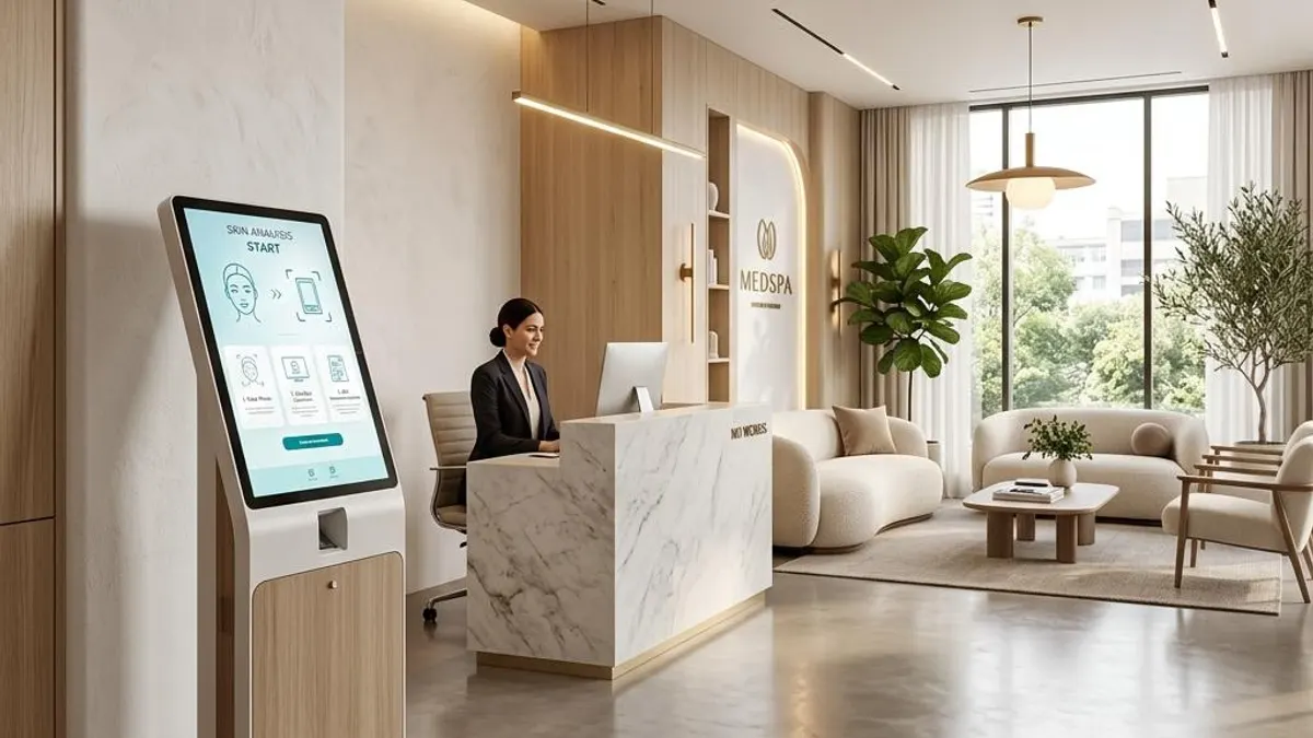 Medspa reception area with a self-service digital skin consultation kiosk