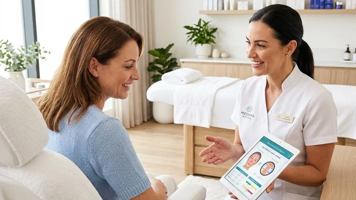 Beauty consultant showing a client a personalized skin report on a tablet