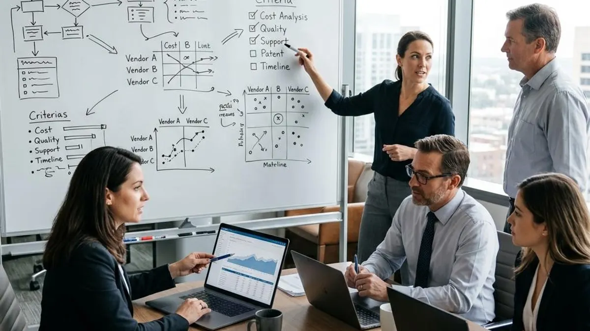 Business team comparing AI skin analysis vendor evaluation criteria in a meeting room