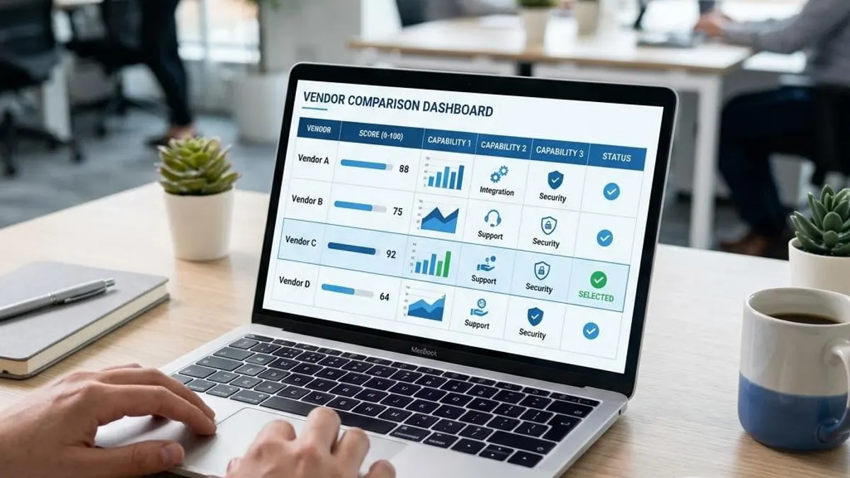 Laptop screen showing a vendor comparison dashboard with scoring metrics