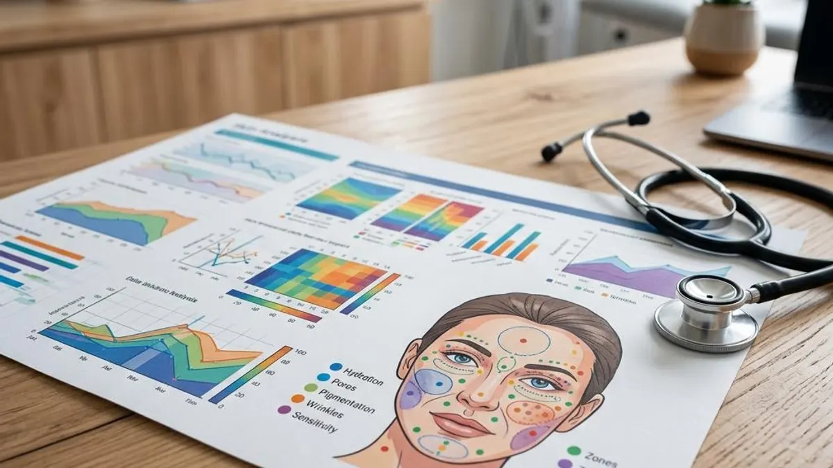 Printed personalized skin analysis report with colorful charts on a clinic desk