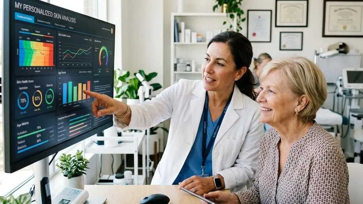 Clinician and patient reviewing a digital personalized skin report together on a monitor