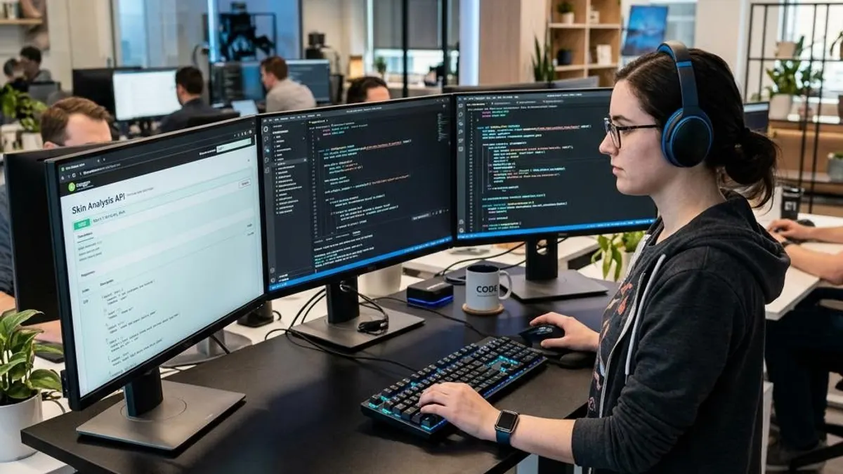 Developer integrating a skin analysis API with code and API documentation on screen