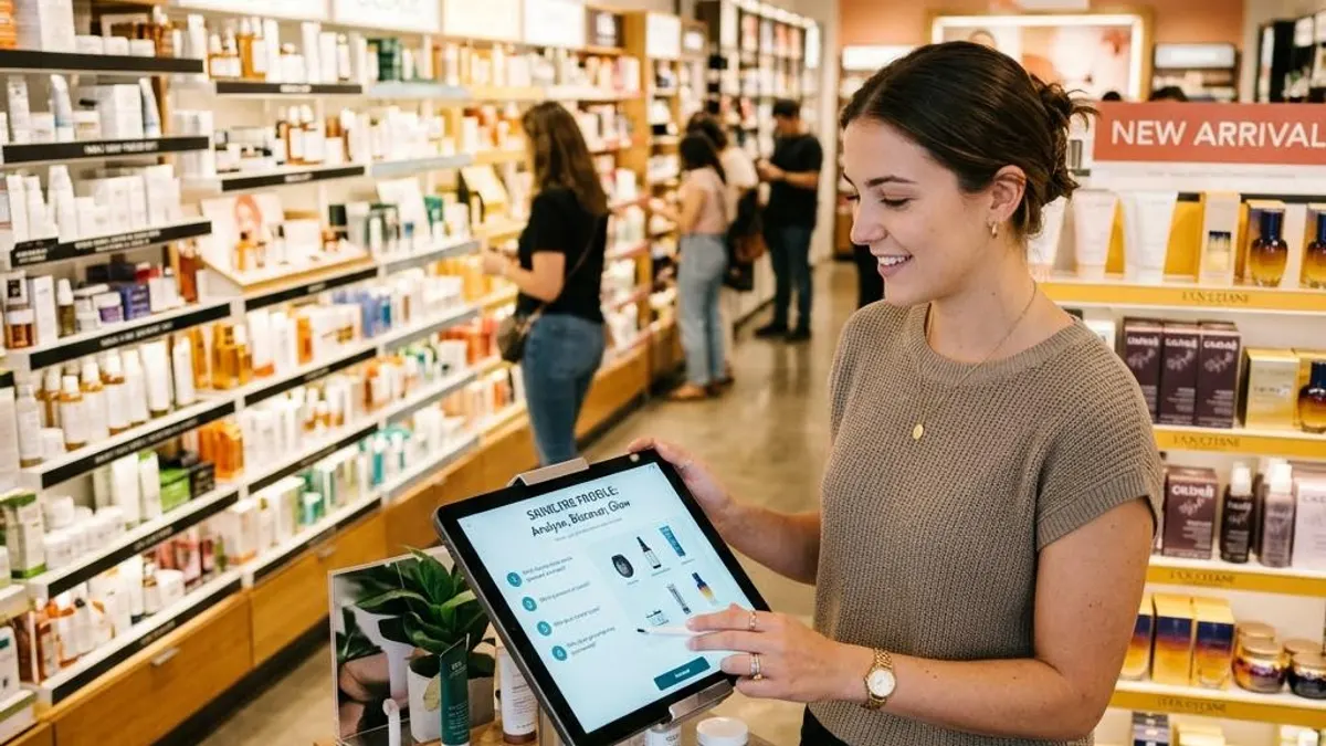 Smartphone showing a personalized skincare routine recommendation with cleanser, treatment, and SPF