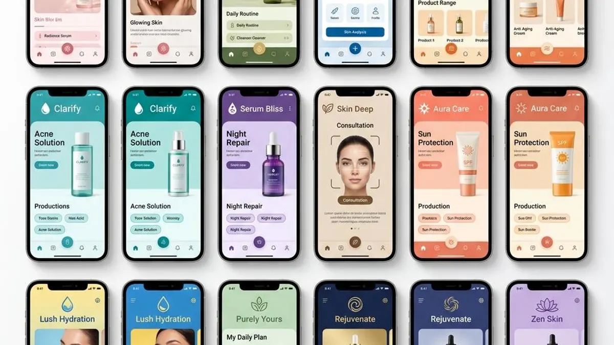 Multiple smartphone mockups showing the same skin analysis app rebranded for different skincare brands